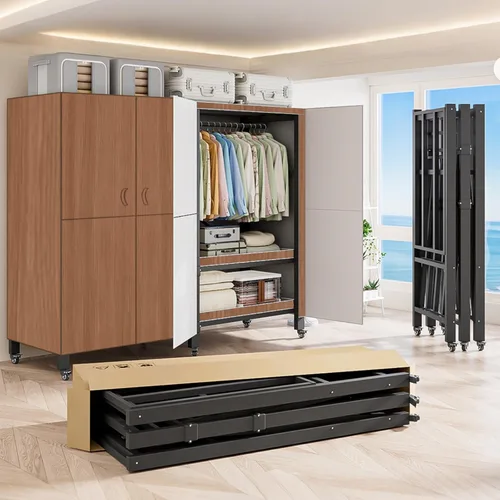 Miniatura 17 de Perchero cubierto resistente con puerta magnética, plegable, portátil, para colgar ropa, perchero de metal negro con ruedas (negro, 49.12 pulgadas)
