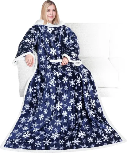Miniatura 26 de PAVILIA Manta de forro polar con mangas para mujeres y hombres adultos, manta portátil cálida y suave, acogedora con bolsillo para abrazarse, manta