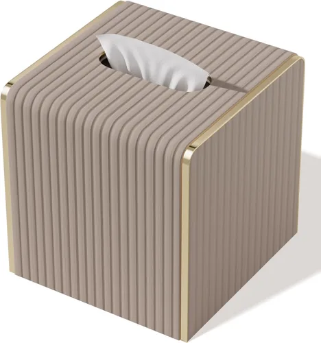 Funda para Caja de Pañuelos, Portapañuelos de Cubo de Cuero Beige con Acentos de Ribetes Dorados, Fundas Decorativas para Pañuelos para Baño Inodoro