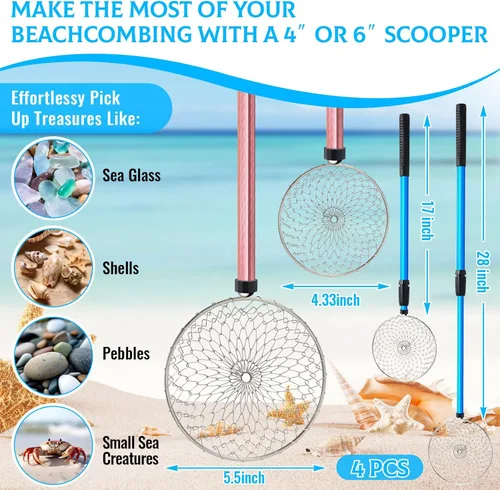 Miniatura 2 de Roshtia 4 Pcs Beach Sand Sifter Set, Adjustable Long Handle Shell Scoop, Shark Tooth Sifter Mesh Shovel for Family Seashell Collecting, Sea Glass