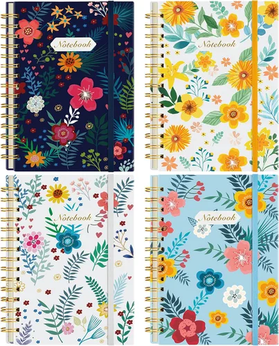 Coopay - Paquete de 4 cuadernos en espiral A5 para mujeres, cuadernos de composición universitarios con espiral de tapa dura, lindos florales en 4