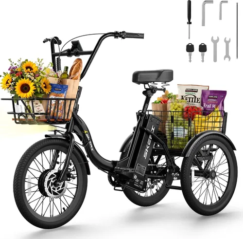 Skeri Triciclo eléctrico, triciclo eléctrico de 1000 W para adultos, bicicleta eléctrica plegable de 3 ruedas de 20 pulgadas, triciclo E con batería