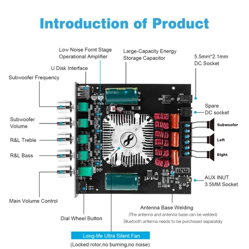 Miniatura 2 de ZK-HT21 TDA7498E Placa Amplificador Bluetooth 160W×2+220W Subwoofer Receptor de Audio 2.1 Canales Amplificador de Potencia Módulo con Control