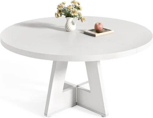 Miniatura 14 de LITTLE TREE Mesa de comedor redonda para 4-6 personas, mesa de comedor de 47 pulgadas con base de pedestal de madera, mesas de comedor marrones