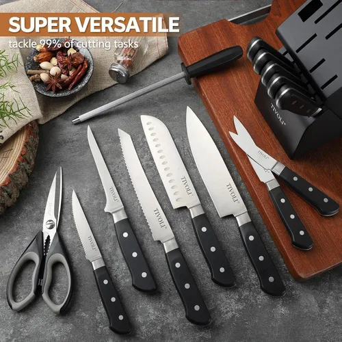 Miniatura 9 de TIVOLI Juego de 15 cuchillos de cocina de acero inoxidable de alto carbono con bloque y barra de afilado, juego de cuchillos negros afilados de alta