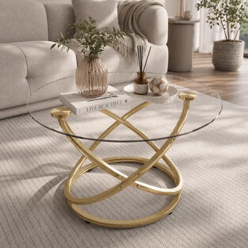 Miniatura 10 de Mesa de Café de Vidrio Otterease, Mesa Auxiliar Moderna con Marco de Metal Dorado en Forma de Anillo, Mesa de Café Redonda de Vidrio