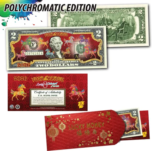 Miniatura 2 de Merrick Mint Año Nuevo Lunar Chino del Caballo Policromado con Sobre Rojo Coloreado Dos Dólares de la Reserva Federal Titular de Exhibición de Notas