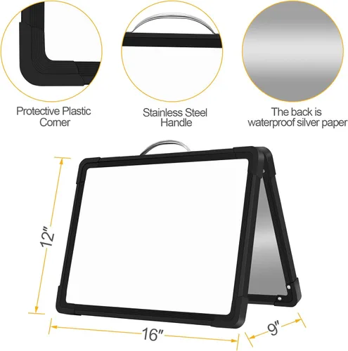 Miniatura 2 de H-Qprobd Pizarra blanca pequeña de borrado en seco - 41 x 31 cm Pizarra blanca de escritorio doble cara mini plegable magnética para dibujo