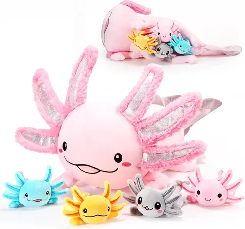 Miniatura 8 de Aoriher Juego de 5 piezas de peluche de ajolote de 24 pulgadas con 4 lindos bebés de peluche en el vientre, suave peluche para niños que duermen Azul