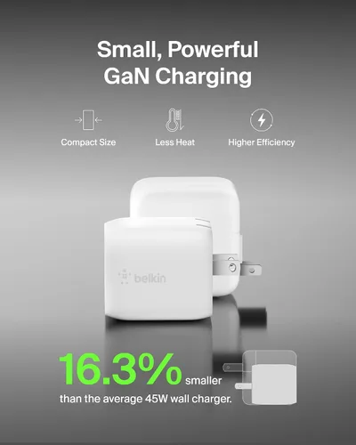 Miniatura 4 de Belkin Bloque de cargador USB C dual de 45 W, carga súper rápida PD3.0 con tecnología GaN - Samsung Galaxy S25, Apple iPhone 17, Air, Pro, Pro Max