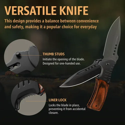 Miniatura 4 de Cuchillo de bolsillo para hombres con mango de madera, rompedor de vidrio y clip de bolsillo, hoja afilada de 3.66 pulgadas, cuchillos plegables