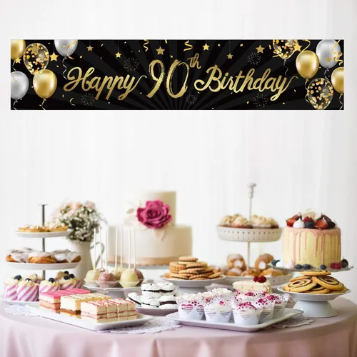 Miniatura 7 de Cartel de feliz cumpleaños 90 para hombres y mujeres, letrero negro y dorado con purpurina de 90 años, suministros de decoración de fiesta