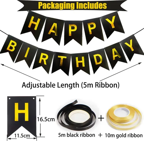 Miniatura 2 de Cartel de feliz cumpleaños, decoración de cumpleaños negro y dorado, 16 globos de 12 pulgadas con 2 cintas para hombres, mujeres, niñas y niños