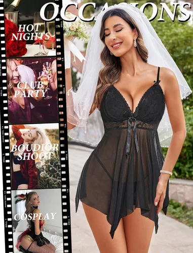 Miniatura 5 de Camisón Avidlove, lencería de encaje, babydoll, cuello en V, satinado, para mujer