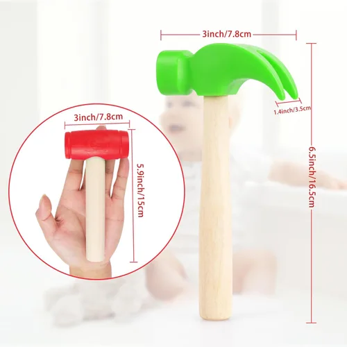 Miniatura 7 de Martillos de madera de simulación de martillos de madera pequeños de plástico para niños pequeños, herramientas de mantenimiento portátiles