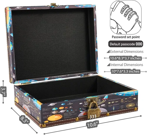 Miniatura 2 de Cofre del tesoro de madera y cuero con tapa y cerradura, 10.6 x 8.3 x 3.7 pulgadas, pequeña caja decorativa de madera para guardar joyas