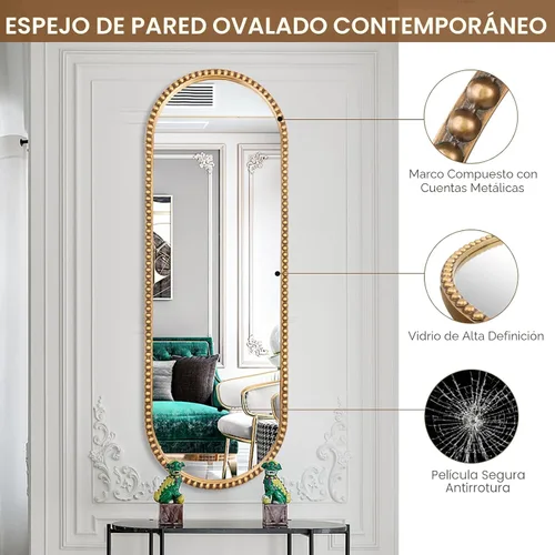 Miniatura 3 de Espejo de cuerpo completo ovalado, espejo de pie grande con marco de cuentas de metal, para colgar, espejo de vestidor para dormitorio, sala