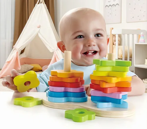 Miniatura 2 de Hape - Juego de anillos de madera con doble apilador de arco iris para niños, L: 7.9, ancho: 4.1, altura: 4.3 pulgadas