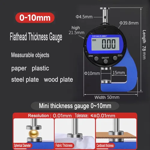 Miniatura 4 de Rango de medición de calibre de 0-10 mm0.0005 ''/0.000 in con pantalla LCD, medidor de grosor digital de conversión de unidades para cuero, papel