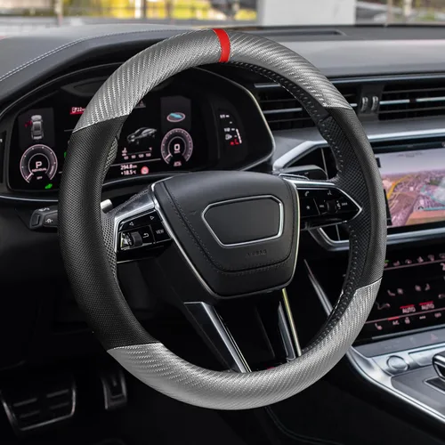 Miniatura 8 de Funda para volante de automóvil, accesorios para volante, cuero de microfibra de 15 pulgadas, fibra de carbono, suave, antideslizante, transpirable