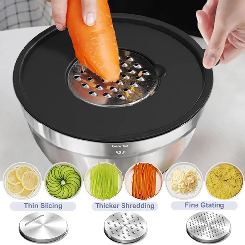 Miniatura 8 de Umite Chef Cuencos para Mezclar con Tapas Herméticas, Juego de 8 Cuencos de Acero Inoxidable para Mezclar Anidables, 3 Accesorios de Rallador y Negro