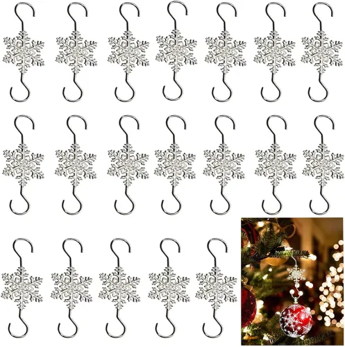 Ganchos plateados en forma de S de copo de nieve – 20 piezas de ganchos de metal para árbol de Navidad con espirales de cuentas de cristal para