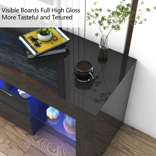 Miniatura 6 de Vinctik 6&Fox Soporte de TV negro para TV de 55/60/65 pulgadas, centro de entretenimiento moderno con 2 cajones de almacenamiento y luz LED, mueble
