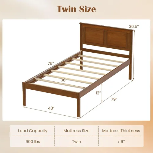 Miniatura 2 de Giantex Marco de cama de madera individual con cabecero, plataforma moderna de mediados de siglo con soporte de listones de madera, base de colchón