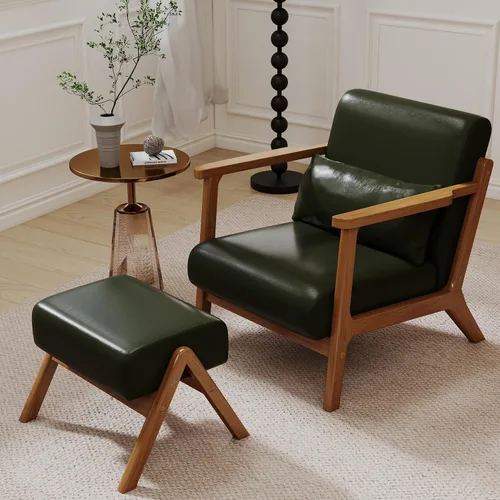 Miniatura 11 de Moderno juego de silla decorativa y otomana, sillón tapizado de piel sintética de mediados de siglo con marco de madera maciza y cómodo cojín