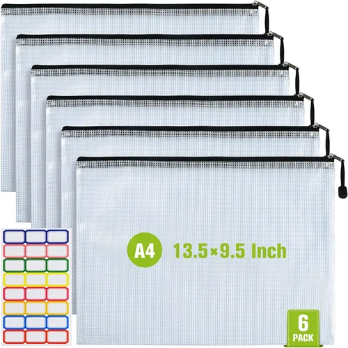 Miniatura 13 de Bolsa de malla con cremallera, 6 bolsas de malla de plástico impermeable con cremallera, bolsa de documentos de tamaño B4, bolsas extra grandes