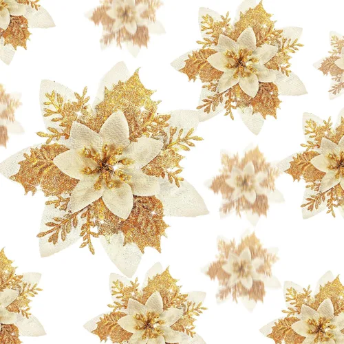 Miniatura 20 de 36 piezas de flores de Pascua artificiales con purpurina de Poinsettia para Navidad, flores de Poinsettia artificiales para bodas, decoraciones