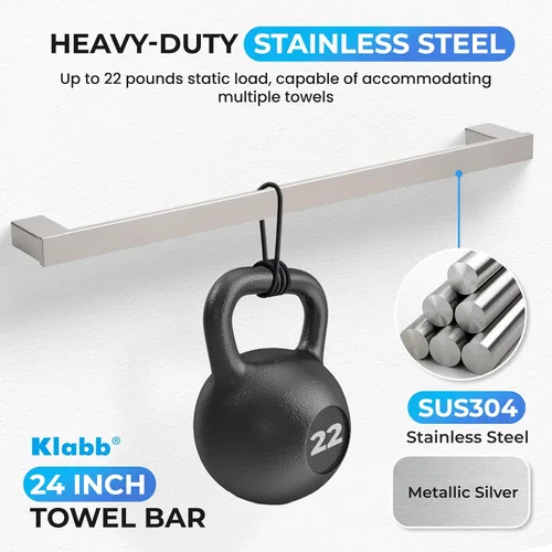 Miniatura 3 de Klabb Juego de 4 piezas de accesorios de baño plateados metálicos, juego de toallero de acero inoxidable SUS304 de 24 pulgadas con soporte