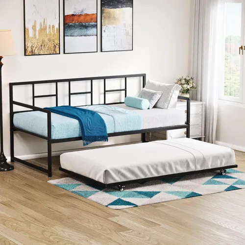 Miniatura 7 de YITAHOME Sofá cama con nido, cama individual de altura ajustable con nido extraíble, sofá cama con soporte de listones de acero para sala de estar