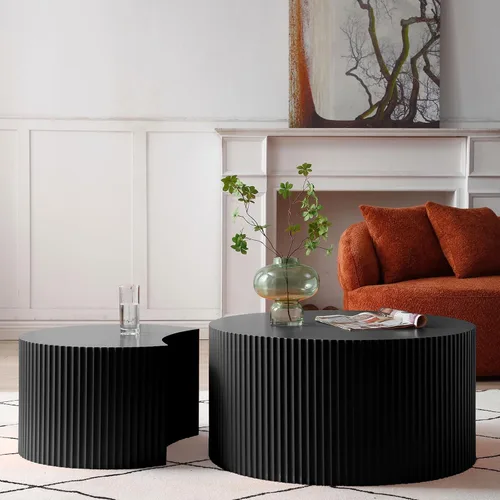 Juego de 2 mesas auxiliares anidables, mesa auxiliar redonda de madera creativa de luna, color negro mate, mesas auxiliares modernas de lujo para