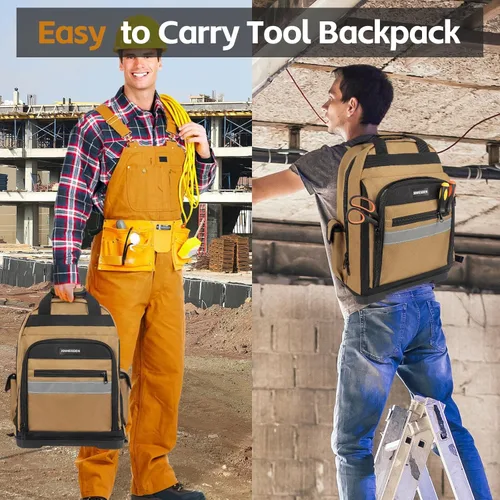 Miniatura 8 de Mochila para herramientas, mochila de herramientas resistente con base moldeada impermeable, paquete de trabajo para electricista para herramientas
