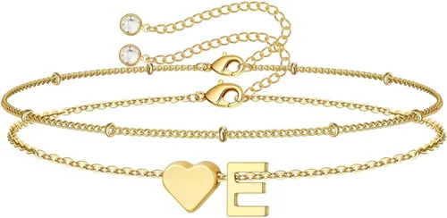 Miniatura 31 de M MOOHAM Pulseras de oro con inicial de corazón para mujer, pulseras con dije de letra A-Z de corazón dorado en capas para mujer, pulseras