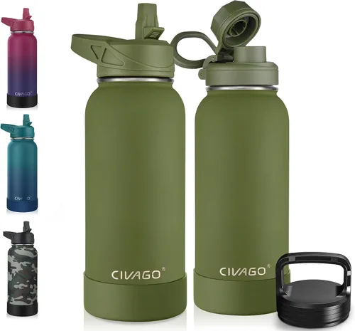 Miniatura 54 de CIVAGO Botella de agua aislada de 22 onzas con pajita, frasco de agua deportiva de acero inoxidable con 3 tapas