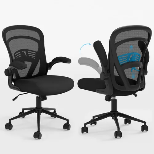 Miniatura 8 de Ollega Silla de escritorio para computadora con ruedas, silla de oficina de malla con brazos abatibles, soporte lumbar ajustable, silla de Negro