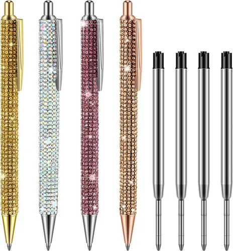 Miniatura 16 de Ireer 4 bolígrafos brillantes de diamantes de imitación para mujer, bolígrafo de tinta de metal con purpurina de cristal con 4 recambios de 0.039