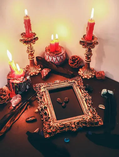 Miniatura 2 de Espejo rascador negro – Herramientas de brujería Kit de altar suministros para adivinación – Espejo cuadrado decorativo, marco dorado oscuro, 7.1