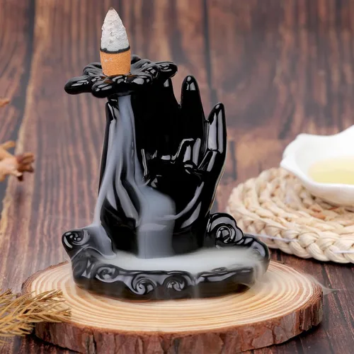 Miniatura 3 de Quemador de Incienso de Reflujo Mano de Buda, Quemador de Incienso Cascada, Fuente de Incienso de Cerámica Portaincienso de Buda, Quemador de Conos
