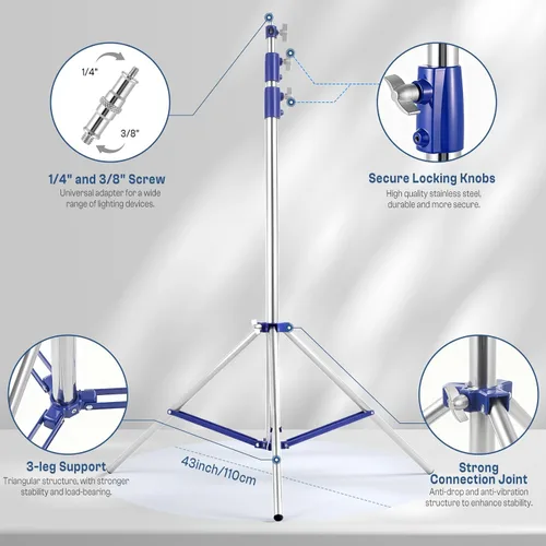 Miniatura 5 de Soporte de luz para fotografía, 10.5 pies/126.0 in de acero inoxidable resistente para fotografía con tornillo universal de 1/4 a 3/8 pulgadas