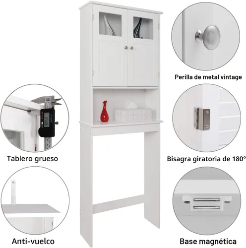 Miniatura 8 de Bonnlo Armario de almacenamiento sobre el inodoro con estante ajustable, organizador de suelo de baño blanco, ahorro de espacio con puertas dobles