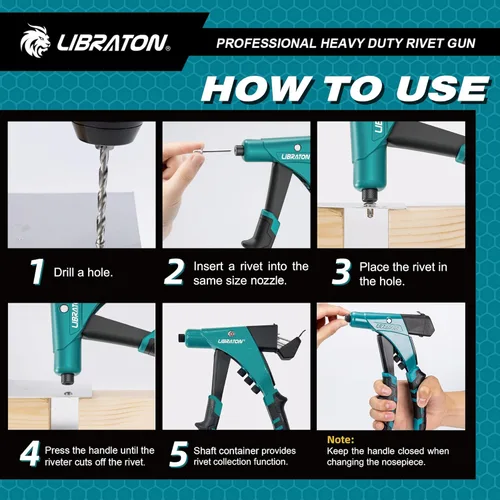 Miniatura 7 de LIBRATON Pistola de remache profesional resistente, juego de pistola de remache pop con una mano, remachadora robusta con contenedor de eje