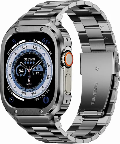 Miniatura 17 de MioHHR Correa y funda de acero inoxidable compatible con Apple Watch Band de 1.614 in, 1.575 in y 1.496 in, cubierta protectora de metal para Negro