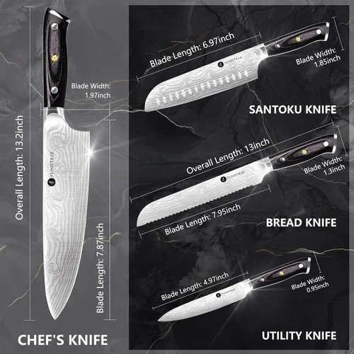 Miniatura 3 de Juego de 4 cuchillos de cocina profesional, juego de cuchillos de chef de acero inoxidable alemán de Damasco con caja de madera, cuchillo de chef