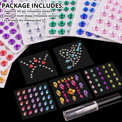 Miniatura 2 de Juego de 12 hojas de calcomanías para la cara, 2 con 7 colores, diamantes de imitación autoadhesivos de forma mixta, con pegamento de maquillaje