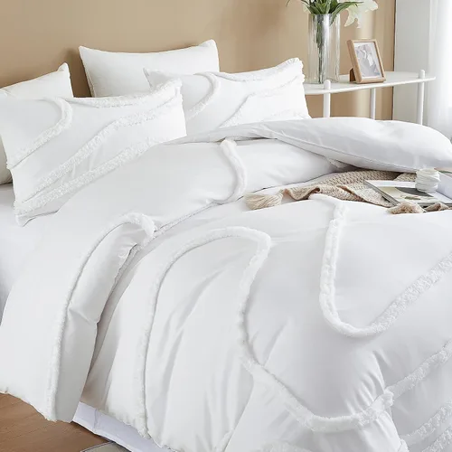 Miniatura 4 de Cupocupa Juego de Edredón Queen Beige con Mechones, Juegos de Edredones Ropa de Cama para Cama Queen 3 Piezas Edredón Boho Suave Esponjoso Ligero