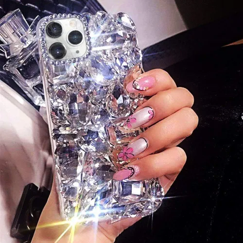 Miniatura 10 de Funda de lujo con pedrería para iPhone 15, funda de teléfono con purpurina 3D brillante y diamantes, color negro