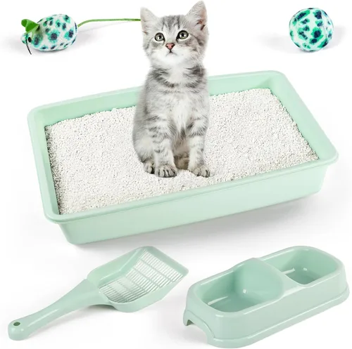 Miniatura 12 de PAWISE Juego de 5 piezas de caja de arena para gatos recién nacidos, bandeja de arena para gatos poco profundos, cuencos de alimentación, kit de Azul